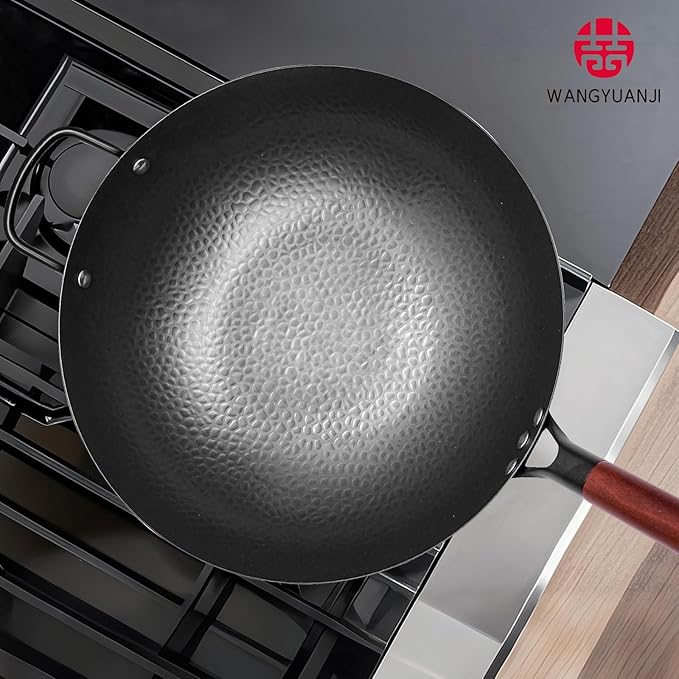 WANGYUANJI Iron Wok,13.4 inch Chinese Craft Wok with Lid Flat Bottom Stir Fry Pan,Chemical-free Wok Pan for All Stoves,Wrought Iron Wok Pure Iron Cookware