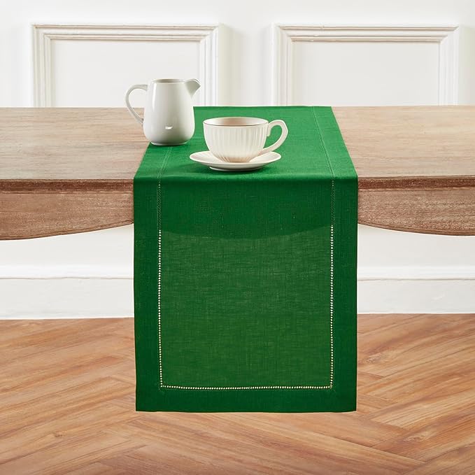Solino Home Linen Table Runner 48 Inches - 100% Pure Linen Garden Green Hemstitch Table Runner 14 x 48 Inch Ideal for Dresser and Coffee Tables - Classic Hemstitch - Winter, St Patricks Day, Easter