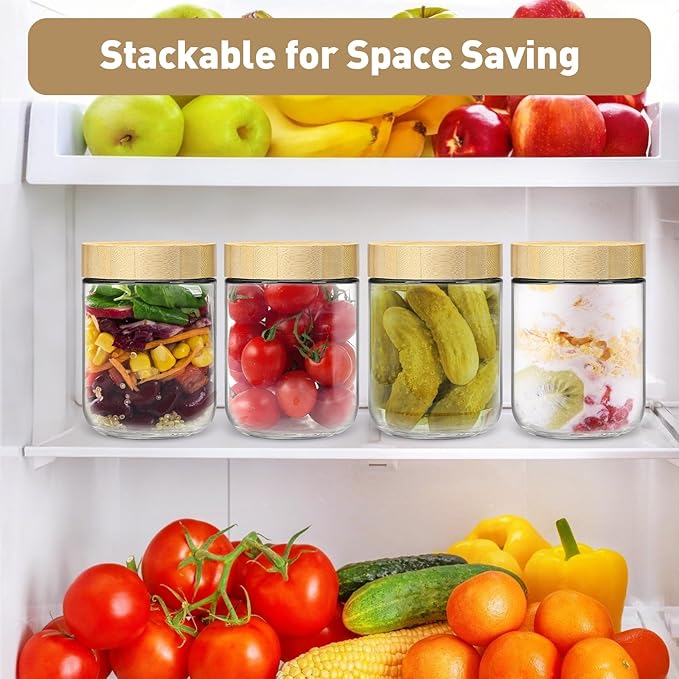 16oz Overnight Oats Jars,Overnight Oats Containers with Bamboo Lids for Meal Prep,Wide mouth Mason Glass Salad Jars with Spoons,Glass Food Storage Container for Yogurt Chia Pudding Spice Sugar(6Pack)