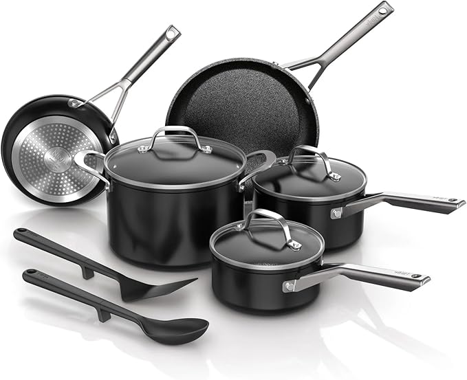 Ninja NeverStick Essential 10-Piece Cookware Set, C19010 – Durable Nonstick Pots & Pans, Hard-Anodized, Oven Safe to 500°F, Even Heat Distribution, Metal-Utensil Safe, Dishwasher Safe