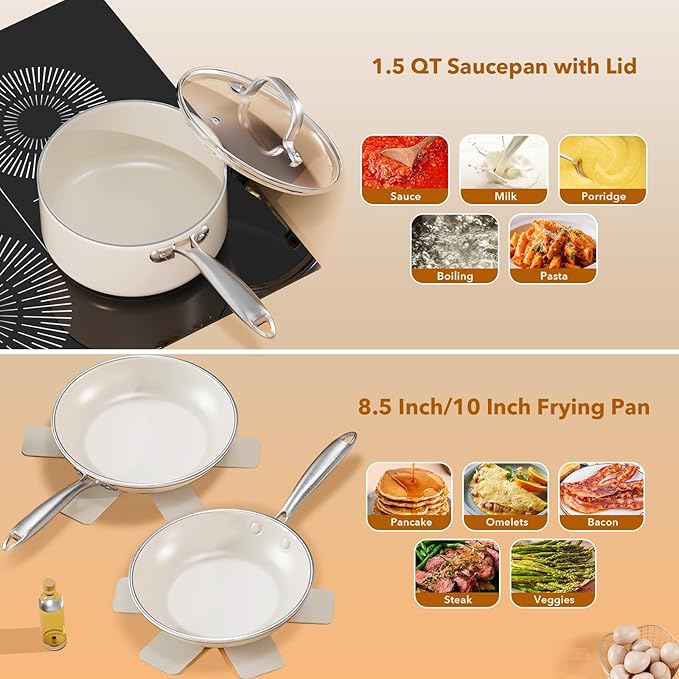 PekGema Ceramic Pots and Pans Set, 16 Pcs Cookware Set Non Toxic, Nonstick Kitchen Cookware, Oven Safe Cooking Pan Set, PFAS PTFE PFOA FREE, Cream White