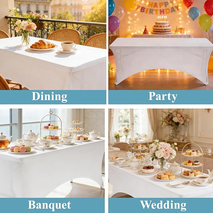 VidaFVidaFete Spandex Tablecloth 2 Pack 4FT, Fitted Stretch Table Cover for Rectangle Tables, Wrinkle Resistant and Washable Tablecloths for Outdoor, Picnic, Party, Wedding, Banquet, Birthday, White