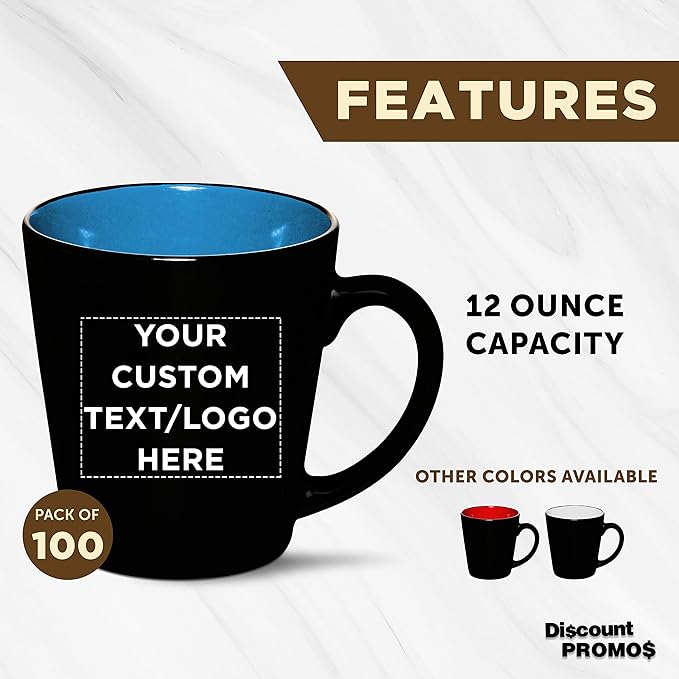 Custom Ceramic Coffee Latte Mugs 12 oz. Set of 100, Personalized Bulk Pack - Perfect for Coffee, Tea, Espresso, Hot Cocoa, Other Beverages - Blue