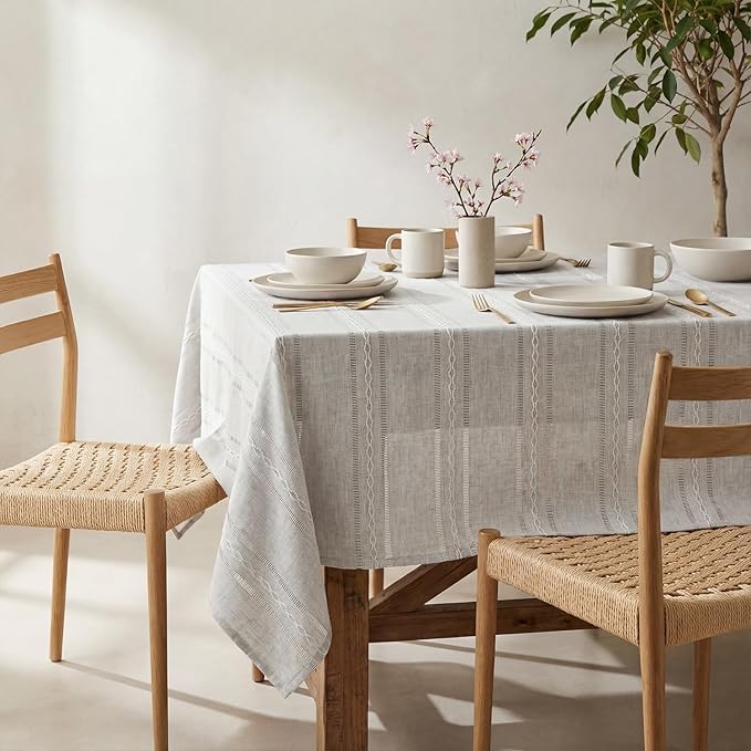 Horaldaily Light Grey Cotton Blend Tablecloth 52×70 Inch Rectangular, Farmhouse Style, Wrinkle Resistant Washable Table Cloth, Hemstitched Embroidery Table Cover for Home