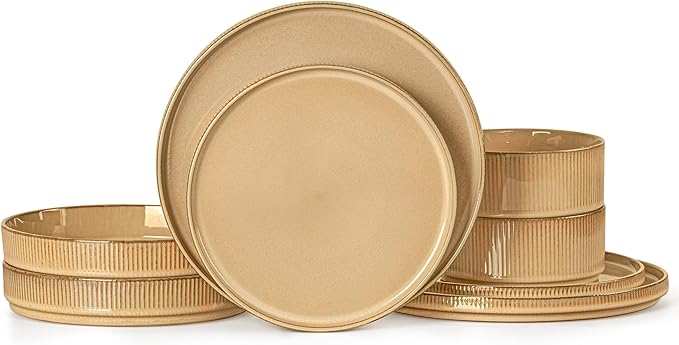 LIANYU 8 Piece Dinnerware Plates and Bowls for 2, Ceramic Elegant Stoneware Dishes Sets with Pasta Bowls, Modern Ribbed Dining Ware Dishware for Restaurant Wedding, Dishwasher Safe, Dune Khaki