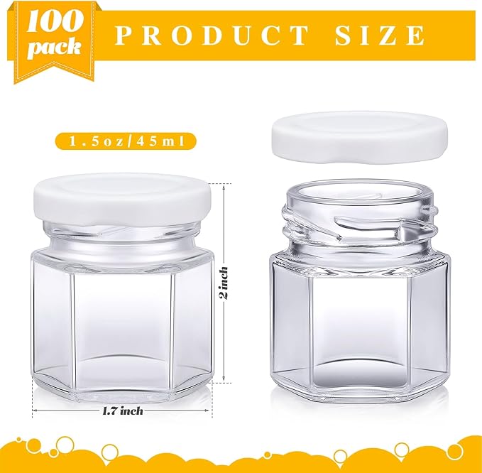 Nuogo 100 Pack 1.5oz Mini Hexagon Glass Jars Bulk for Wedding Small Honey Jars with Lids for Spice Canning Mason Gifts Candy Honey Wedding Party Favors DIY Crafts (White)