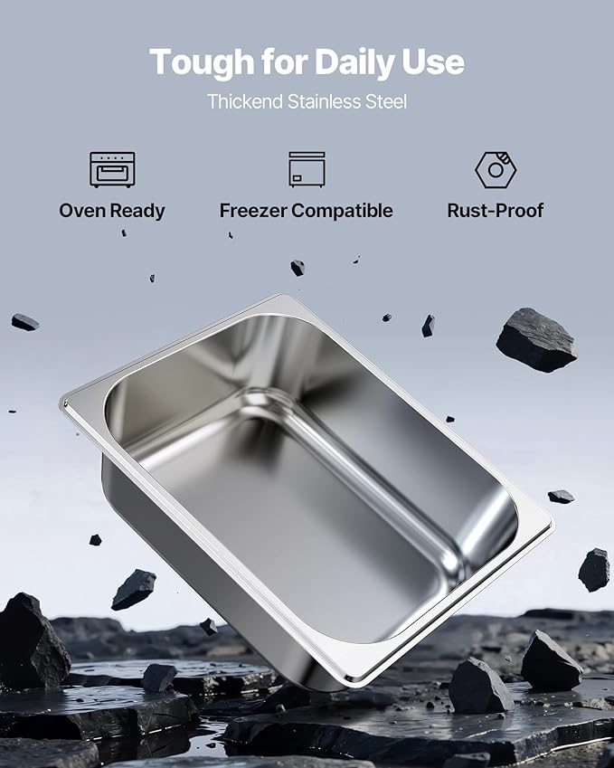 VEVOR 6 Pack Stainless Steam Hotel Pans, 1/2 Size Table Steam Pan, 4 Inch Deep Anti Jam Restaurant Supplies Reusable Rustproof Catering Storage for Home, Party, Restaurant, Hotel, Buffet