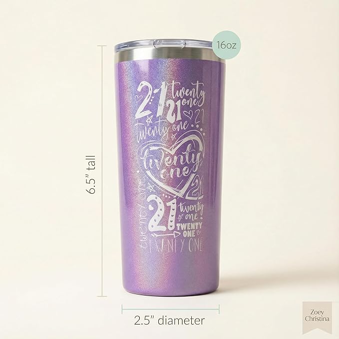 Zoey Christina 21st Birthday Stainless Steel Coffee Tumbler, 16 oz, Handleless, Purple & Mint Colors, Shimmer Finish (Purple)