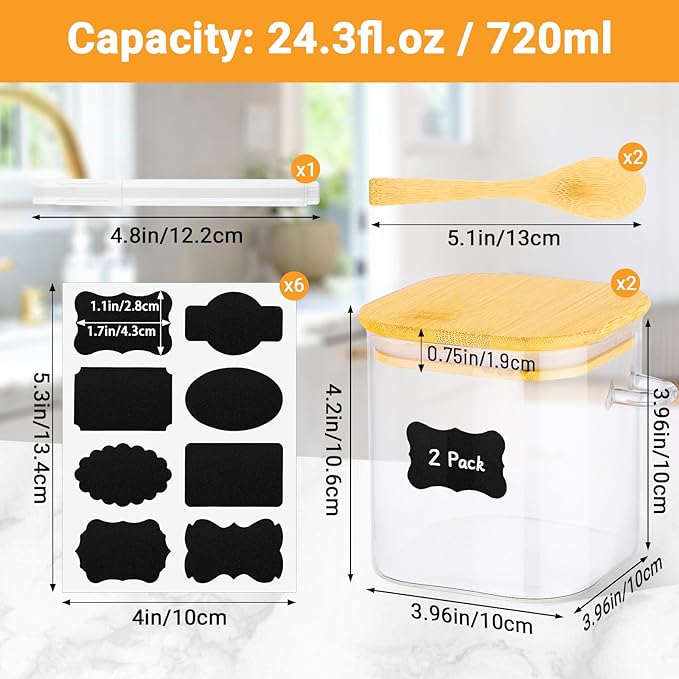 Glass Jars with Airtight Lids - 2 Pack 24 Fl.oz Square Glass Storage Jars with Bamboo Lid and Spoon, Stackable Kitchen Pantry Container Clear Food Canister for Spice, Coffee, Sugar, Tea, Nuts