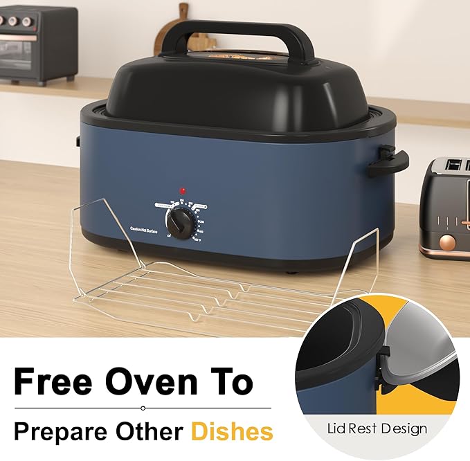 Sunvivi 26lb 22-Quart Roaster Oven, Electric Roaster Oven with Viewing Lid, Turkey Roaster with Unique Defrost/Warm Function, Large Roaster with Removable Pan & Rack, Stainless Steel, Blue