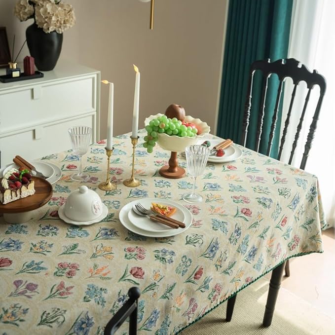 Rectangular Tablecloth Retro Green Plant Tablecloth Jacquard Rectangular Tablecloth Suitable for Restaurant Camping(140 * 220cm)