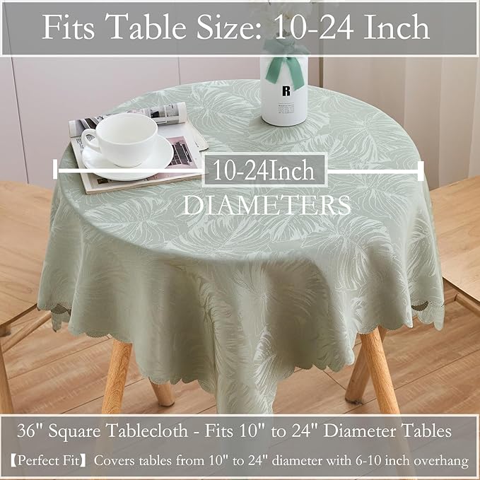 Square Tablecloth Green 36x36 Inch Leaves Pattern Scalloped Edge Waterproof Jacquard Nightstand End Table Cover for Coffee Teapoy Table Room Decor