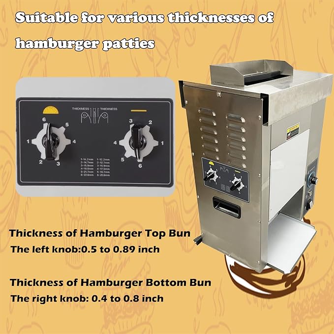 110V Vertical Hamburger Toaster Machine, Adjustable Temperature and Thickness Burger Bun Toaster for Burger Joints Cafes 2000W