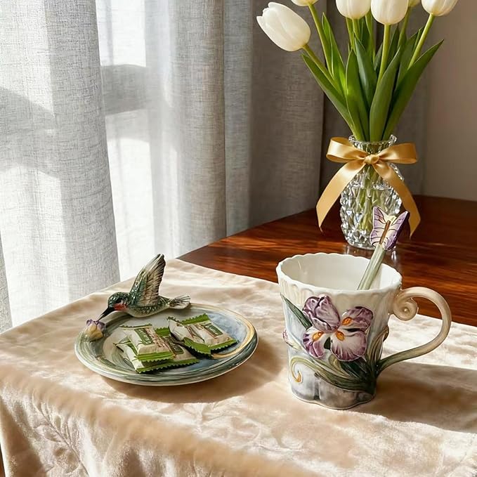 Ceramic Tea Cup and Saucer Set ，6OZ 3D Hand-painted Hummingbird and Flower Coffee Mug，Gift for Women