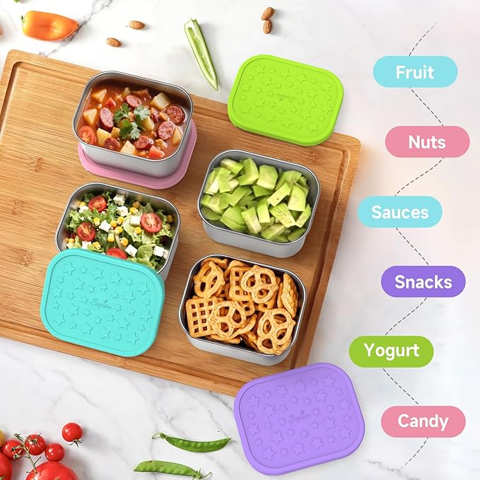 SOPHICO Stainless Steel 14 OZ Snack Containers for Kids，Food Storage Container with Silicone Lid - Perfect 304 Metal Toddler Lunch Box for Daycare and School, Leak Proof (MIX, 4 PACK)