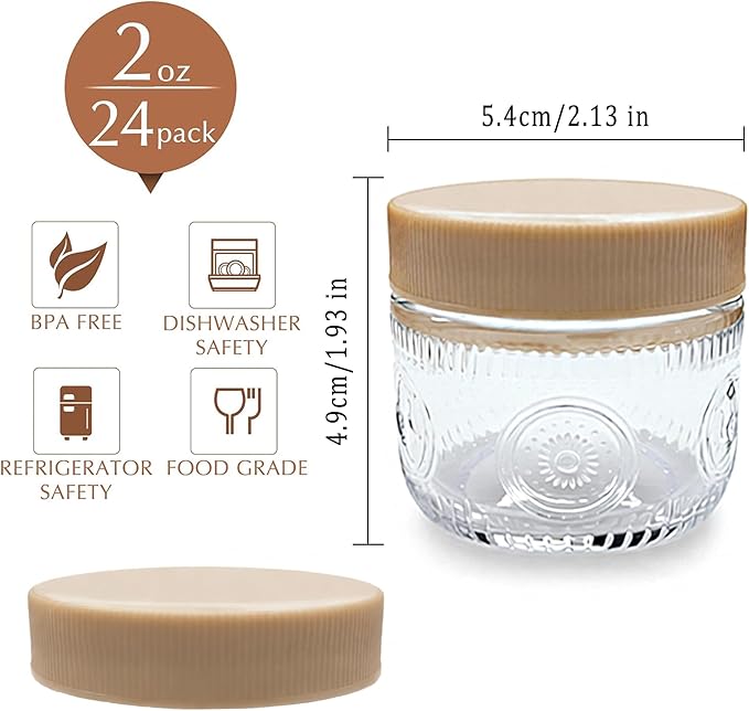 Amzcku 2 oz Mini Glass Mason Jars with Mouth Colored Lids - 24-Pack Glass Canning Jars for Storage, Overnight Oats, Jam, Jelly, Honey, Beans, Spices, Wedding Favors, Shower Favors