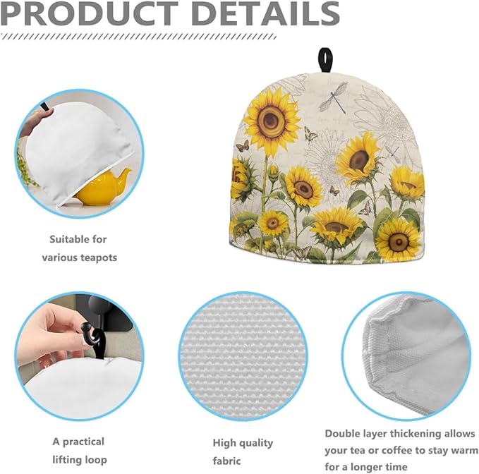 Tea Cozy for Teapots with Handle, Sunflower Butterfly & Dragonfly Print Dust Insulated Cover, Hanging Fold-Up Design, Suitable for Kitchen and Living Room Table Decoration
