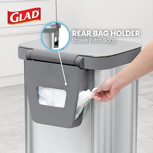 Glad Stainless Steel Step Trash Can, Series 2 with Clorox Protection - Large Metal Kitchen Garbage Bin with Soft Close Lid, Foot Pedal and Waste Bag Roll Holder, 20 Gallon