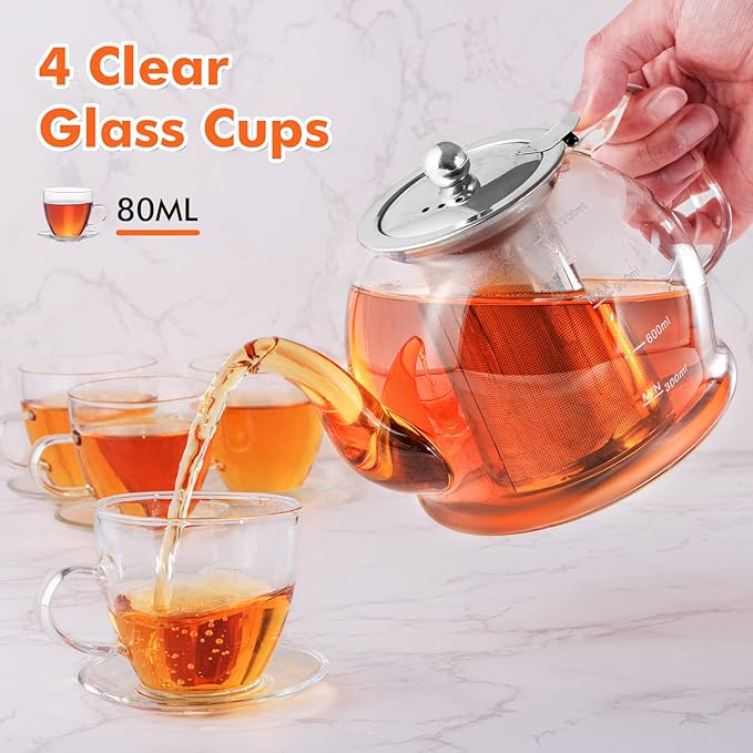 Tea Pot Set – 1200ml Glass Teapot with Removable Stainless Steel Infuser, and 4 Glass Teacups, Stovetop Safe Tea Kettle Gift Set, Blooming and Loose Leaf Tea Maker Set