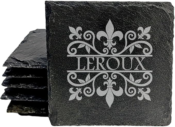 A Touch of Class: Personalized Fleur de Lis Coasters with Monogram - Square Slate - Set of 5