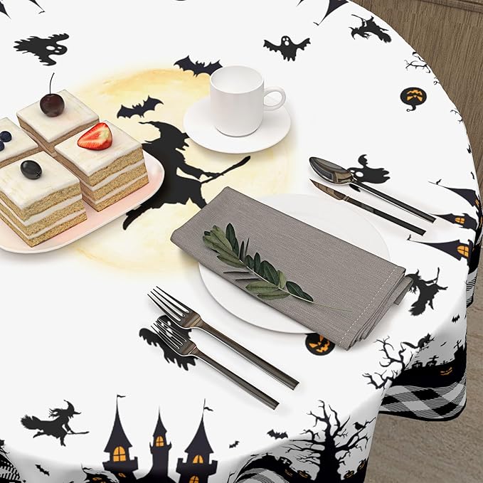 Halloween Tablecloth Round 60 Inch White and Black Castle Ghost Buffalo Plaid Table Cloth Rustic Holiday Table Cover for Kitchen Dinner Home Decor