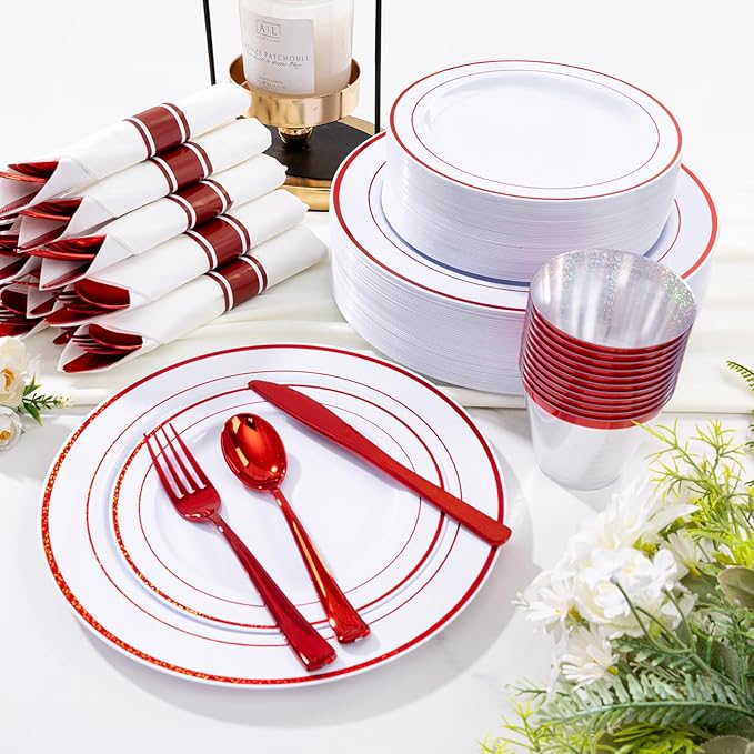WELLIFE 210 Piece Red Plastic Dinnerware Set, Disposable Plates for Party,Include: 30 Dinner Plates, 30 Dessert Plates, 30 Pre Rolled Napkins with Gold Silverware and 30 Gold Cups