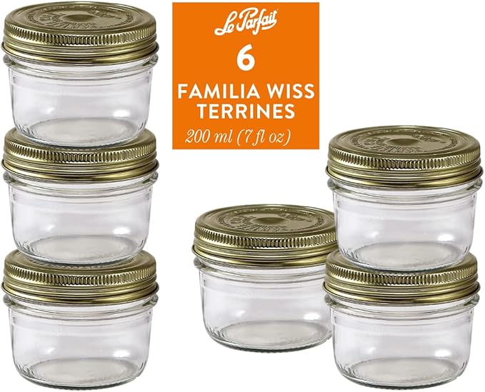 Le Parfait Familia Wiss Terrine Wide Mouth French Glass Jar w/Airtight 2-Piece System Gold Lids | Ideal for Canning, Food Storage, Meal Prep, Cake Jar & DIY Crafts | 7oz Half/Pint (Pack of 6) 200ml