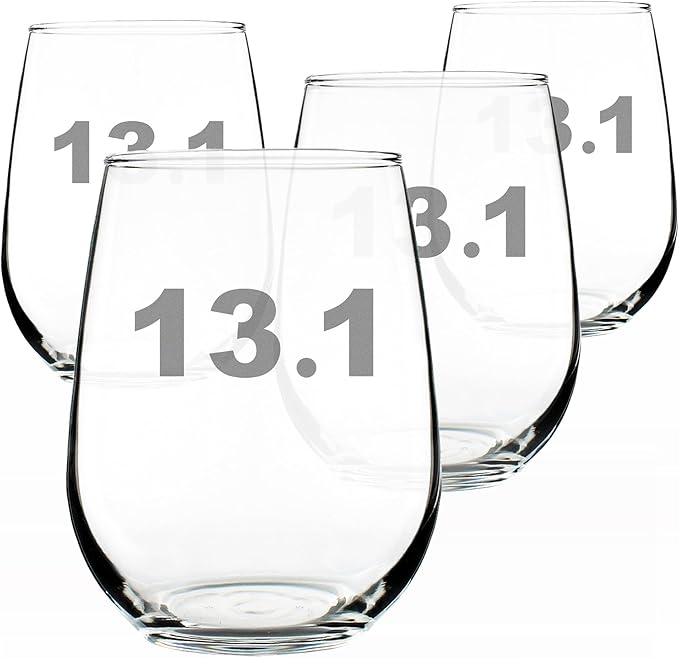 Bevvee 13.1 Half Marathon Stemless Wine Glass - Gifts for Half Marathon Runners - Set of 4 - Large 17 Ounce Glasses