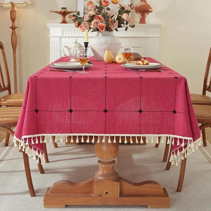 Pahajim Rustic Linen Tablecloth Cotton Rectangle Table Cloth for Kitchen Dining with Tassel Plaid Waterproof Tablecloths Rectangle/Oblong,55''x102'',8-10 Seats