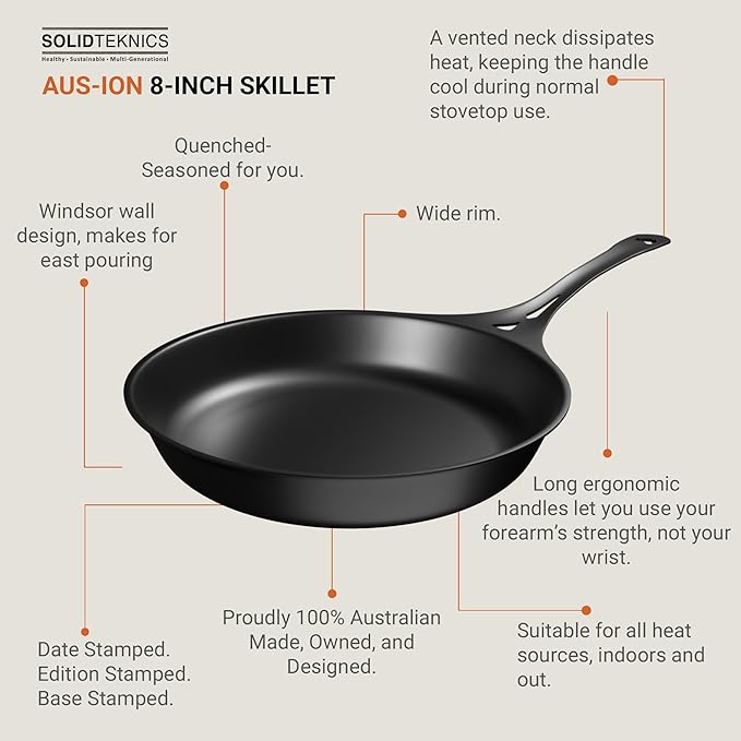 SOLIDTEKNICS AUS-ION Lightning Long Handle Skillet with Lil Flippa & Pan Scraper, 8 Inch Iron Frying Pan - Food-Safe, Naturally Seasoned, Lightweight & Durable Cookware, Made in Australia