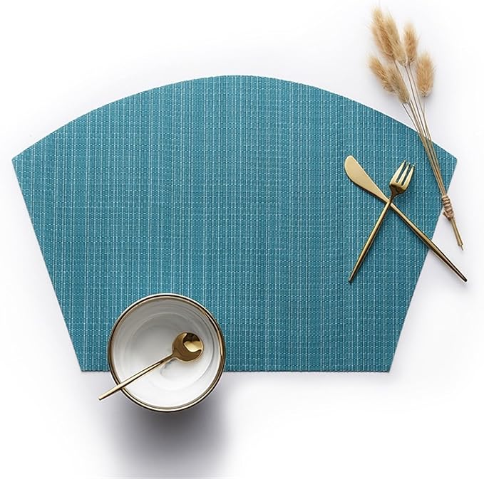 Round Oval PVC Table Placemats Wedge Shaped Dining Table Mats Non-Slip Heat Waterproof Indoor Outdoor Kitchen(Stripe Blue Green,4pcs 45x30cm)