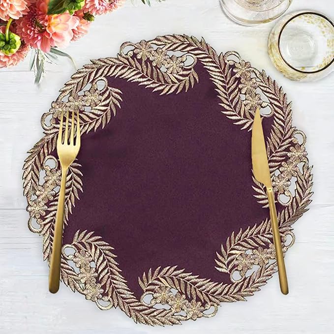 Decozen Set of 12 Doilies for Table, Lace Doilies - Rustic, Crochet, Farmhouse, Kitchen, Dining Table Centerpiece Decor - Round Christmas Placemats for Home 15 inch Gold Plum, The Anyce Collection