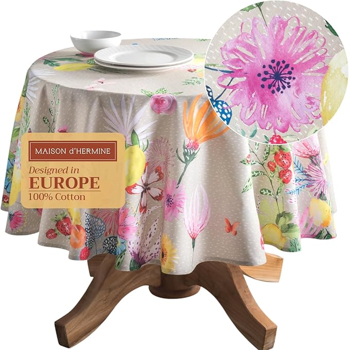 Maison d' Hermine Table Cloth Round Table 100% Cotton 63 Round Inches Tablecloth Reusable Decorative for Dining Room Farmhouse Home Valentines Day Decorations Spring Summer - Jardin D'Ete - Fog