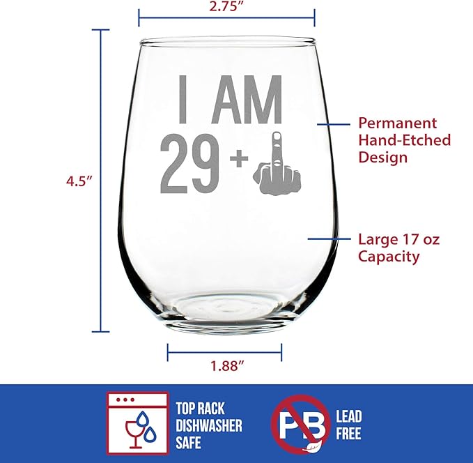 29 + 1 Middle Finger - 30th Birthday Stemless Wine Glass for Women & Men - Cute Funny Wine Gift Idea - Unique Personalized Bday Glasses for Best Friend Turning 30 - Drinking Party Decoration