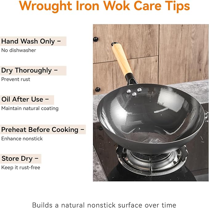 12.6" Carbon Steel Wok Pan, Flat Bottom Stir Fry Wok with Spiral Thread Interior, Coating‑Free Naturally Seasoning Wok, Compatible with Gas, Electric & Induction Cooktops