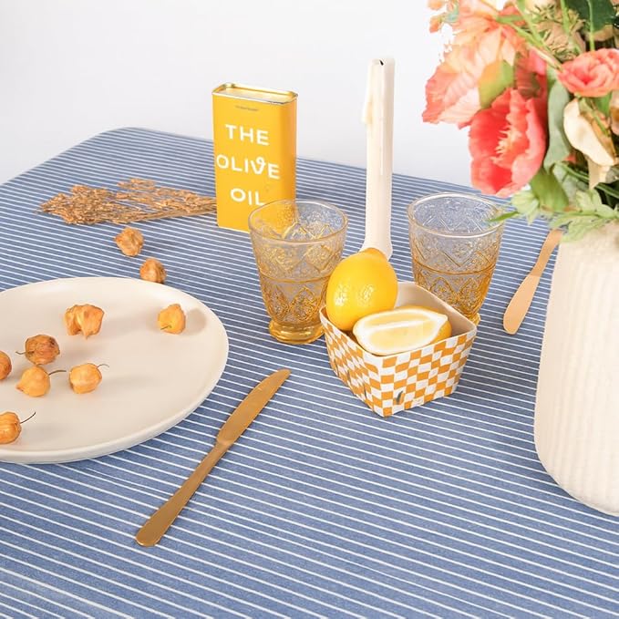 MONDAY MOOSE Striped Farmhouse Picnic Style Decoration Rectangle Natural Stonewashed Cotton Tablecloth for Kitchen, Dining Room, Restaurant (60x102 inch, Blue/White Stripes)
