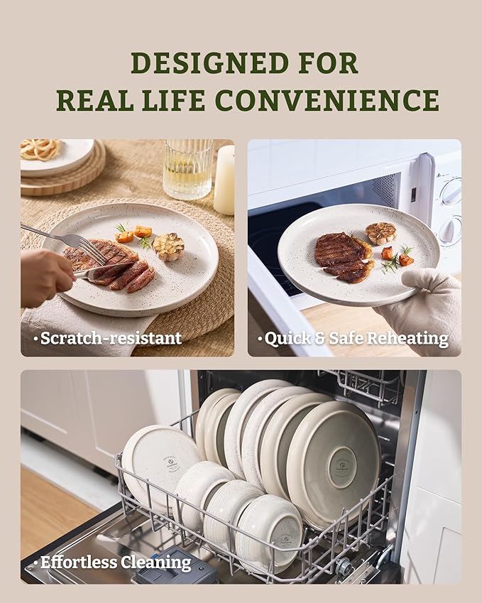Famiware Meteor Stoneware Dinnerware Sets with Pasta Bowls, Service for 4 (16 Pieces), Plates and Bowls Sets, Microwave and Dishwasher Safe Dishes Set, Creamy White