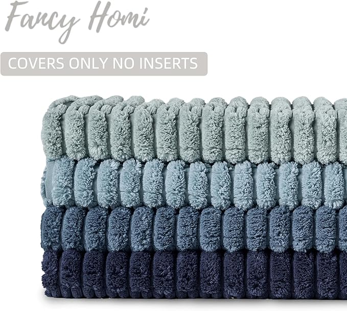 Fancy Homi Set of 4 Blue Boho Decorative Throw Pillow Covers 22x22 Inch for Couch Bed Sofa, Aesthetic Modern Bohemian Room Decor, Soft Fuzzy Cozy Corduroy Textured Coastal Blue Cushion Case 55x55cm