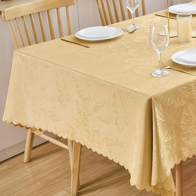Square Tablecloth 54x54 Inch Golden Table Cloth Leaves Pattern Scalloped Edge Silky Soft Waterproof Washable Table Cover for Dinning Tabletop Indoor & Outdoor Party Banquet Decoration