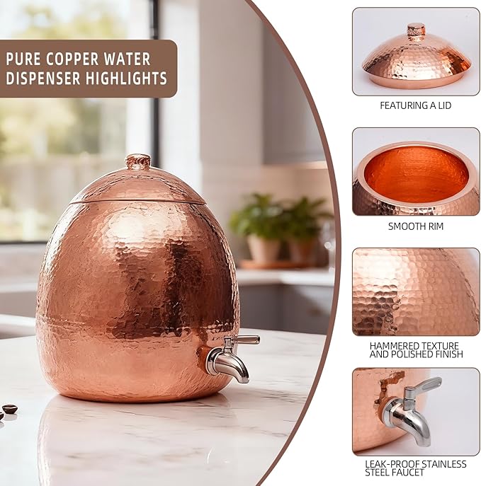 2.5 Gallon Hand-Hammered100% Pure Copper Water Dispenser - AyurvedicUncoated Artisan Crafted, Mirror Polished for Home & Office Use