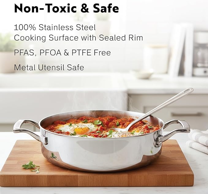 10-Piece Triply Stainless Steel Cookware Set - Fully Clad Pots and Pans Set with 8 Qt Stock Pot, Saute, Saucepan, Frying Pan - Non Toxic Cookware - Induction, Dishwasher & Oven Safe