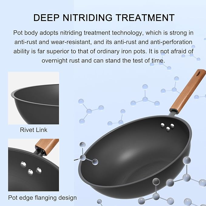 Woks & Stir-Fry Pans with Lid & Wooden Handle, No Chemical Coated Flat Bottom Chinese Wok Pan Cookware All Stoves