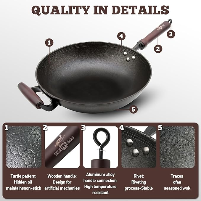 HONGJIANG Cast Iron Wok Pan with Lid, 12.6" Pre-Seasoned Flat Bottom Wok, Coating-Free Wok Stir Fry Pan, Compatible Traditional Chinese Wok for Induction, Electric, Gas, Open Fire