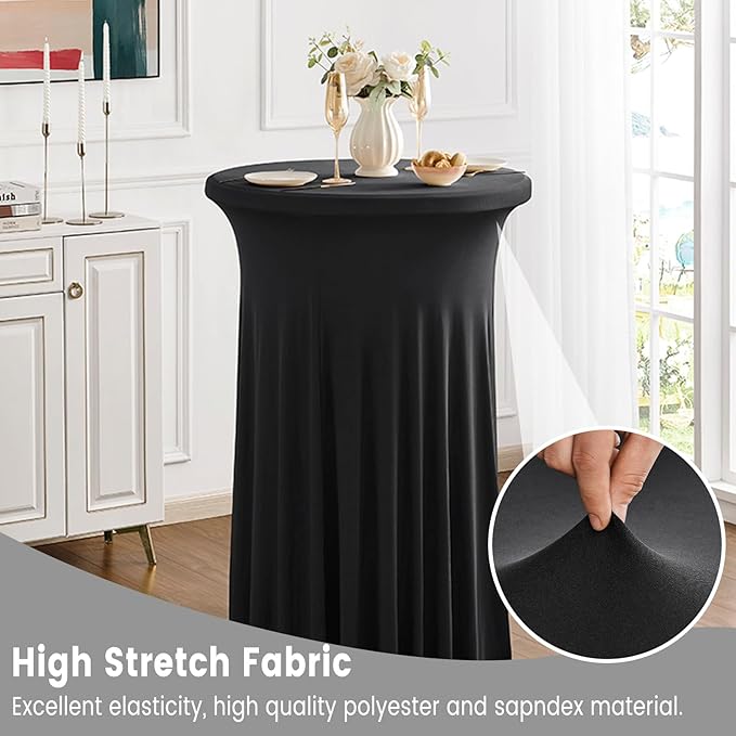 Qubjus 2 Pack Round Cocktail Table Covers with Skirt Stretch Spandex Tablecloth 24"x43" Cocktail Round Tablecloth for Party Wedding Birthday Banquet, Black