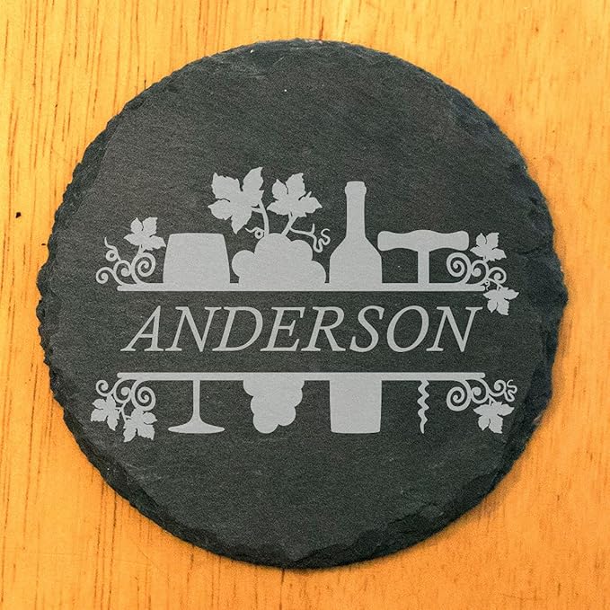 Cheers to Life: Personalized Slate Coasters with Wine Design - Round Slate - Set of 4