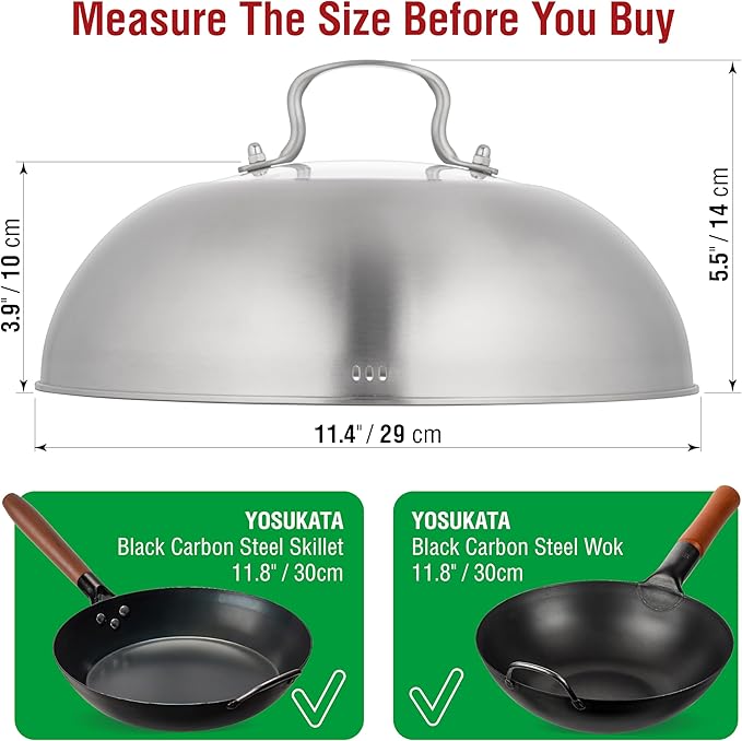 YOSUKATA Carbon Steel Wok Pan – 11,8 “ Woks and Stir Fry Pans + Wok Lid 11.4 In - Premium Stainless Wok Cover with Tempered Glass Insert Steam Holes and Ergonomic Handle