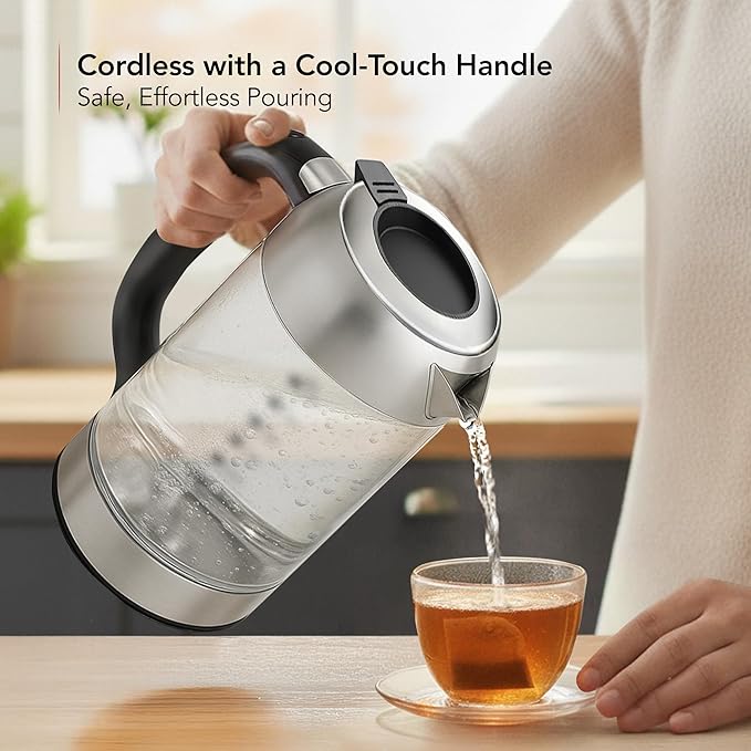 OVENTE Electric Kettle, 1500W No Plastic 1.8L Tea Kettle and Hot Water Boiler For Coffee or Tea, Easy to Fill Lid, Automatic Shut-Off, Borosilicate Glass with Stainless Steel Spout, Silver KG71S