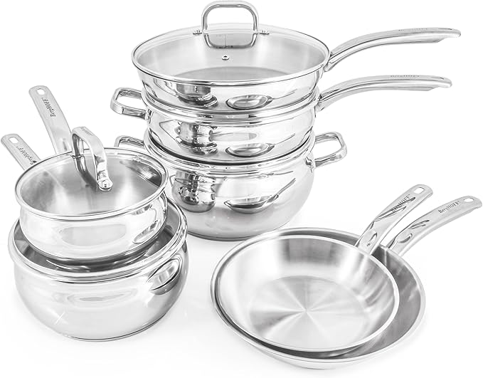 BergHOFF Belly Shape 18/10 Stainless Steel 12Pc Cookware Set, Glass Lids, Fast, Evenly Heat, Induction Cooktop Ready
