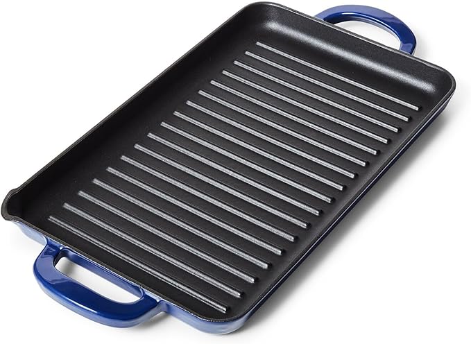 Sur La Table 15" x 9" Enameled Cast Iron Grill Pan – Rectangular Stove-to-Oven Griddle for Steaks, Veggies & Seafood, Induction Compatible, Oven to 500°F, No Seasoning Required, Blue