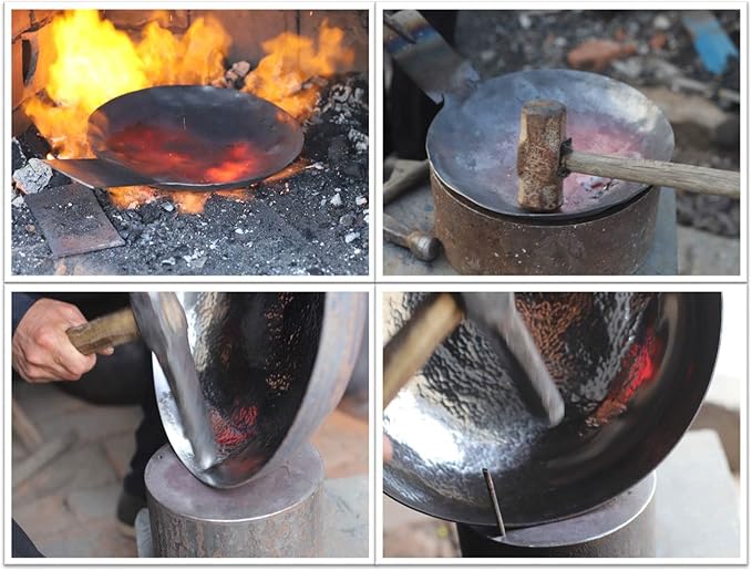 Wok pan 5th Generation, Traditional Hand Hammered Uncoated Carbon Steel Pow Wok with one piece Steel Handle one piece pan (13.3 Inch, Round Bottom) 1.8 mm thickness